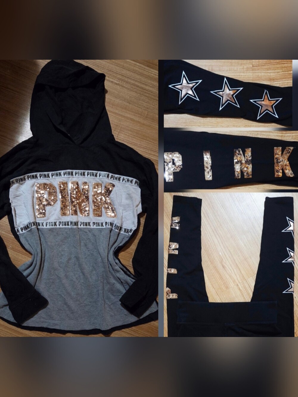 Victoria's Secret PINK 2pc Black/Rose Gold Bling Hoodie & Star Leggings Size M